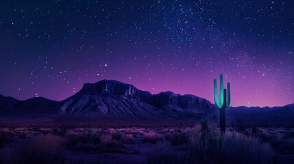 Serene desert landscape at night with a glowing cactus under a starry sky and distant mountains