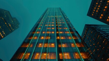 Skyscraper illuminated at night with glowing windows, surrounded by urban buildings and fog
