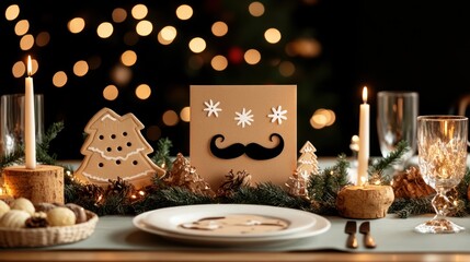 Warm Christmas table setting with festive decorations and lights, ready for a holiday feast