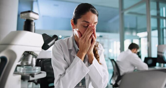 Sick, tired and woman scientist with pain, illness, and sinus in laboratory with nasal infection. Nose, sneeze and female person in science with fever, germs, virus and allergy with bacteria research