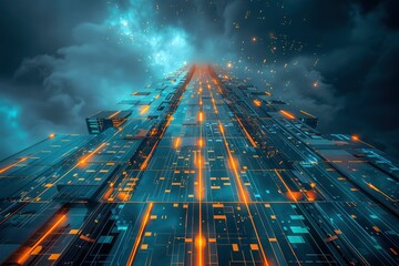 Futuristic cityscape with glowing skyscrapers under a dramatic stormy sky, showcasing advanced technology