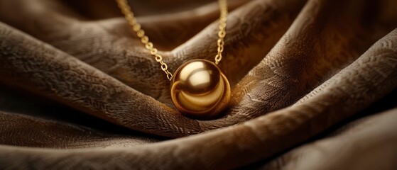 Elegant golden pendant resting on luxurious fabric, showcasing intricate details and soft lighting