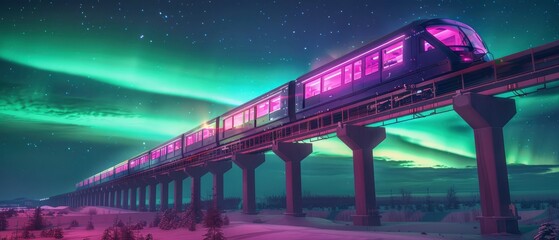 Futuristic train traveling under vibrant northern lights in a snowy landscape at night