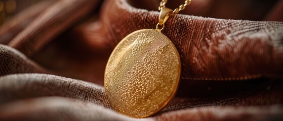 Close-up of a textured gold pendant resting on luxurious brown fabric, highlighting intricate details