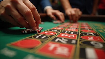 Fototapeta premium Hands Placing Chips On Roulette Table