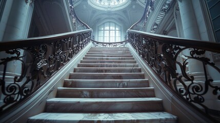 Elegant staircase in a grand mansion with ornate railings and soft light filtering through windows