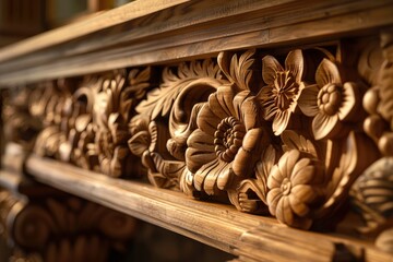 Intricate wooden carving featuring floral designs, showcasing craftsmanship in a warmly lit interior