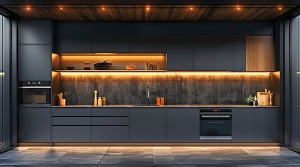 Modern kitchen interior with sleek cabinetry, ambient lighting, and minimalistic decor, showcasing culinary tools