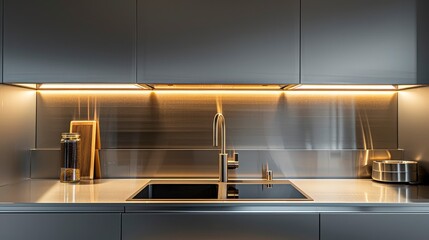 Modern kitchen interior showcasing sleek design, elegant lighting, and minimalistic decor