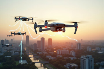 Drones in Urban Sky with Delivery Network and Fleets at Sunset