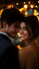Couple embraces, illuminated by bokeh lights Romantic evening celebration