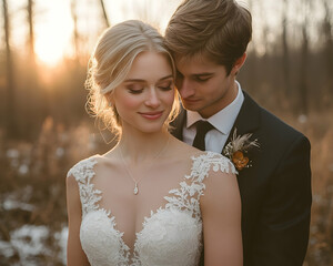 Couple embraces lovingly in golden light during an outdoor wedding