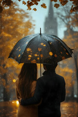 Couple embraces under umbrella in a golden autumn rain