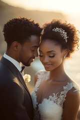 Couple embracing Groom in suit, bride in lace gown with ocean backdrop at sunset