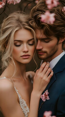 Couple embracing amidst blooming flowers, eyes closed in a gentle, romantic moment