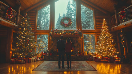 Couple enjoying Christmas in a log cabin with lighted trees & view of snow-covered forest