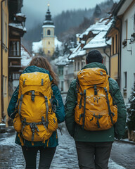 Couple hiking with yellow backpacks on a snowy street towards a distant church tower