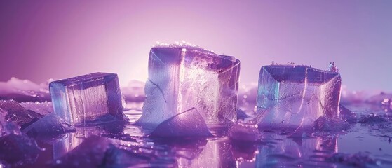 Ice cubes melting on a reflective surface with a purple gradient background, creating an artistic ambiance