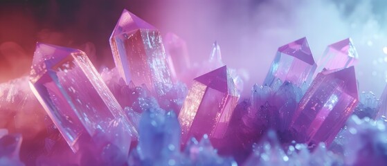 Vibrant purple and blue crystals glimmering in a mystical setting with soft fog and light effects