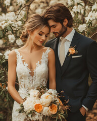 Couple in embrace, bride in lace dress with floral bouquet