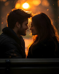 Couple in golden light looking at each other on a bench, heads nearly touching
