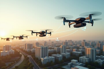 Fleet of Drones Delivering Packages Over Urban Landscape at Sunset