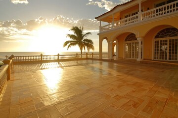 Serene beachfront villa at sunset with palm trees, reflecting warm light on tiled patio