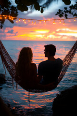 Couple in hammock enjoys ocean sunset, lights strung above