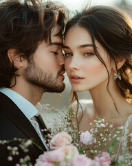 Couple Man whispers to woman holding flowers, soft lighting