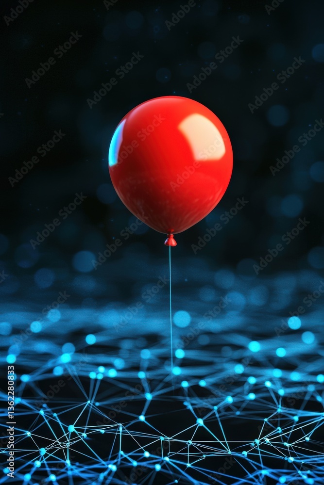 Poster red balloon symbolizing innovation above a 3d data network