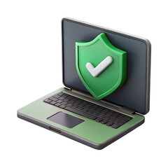 3D Computer laptop with security shield. Cyber privacy concept. Safety and protection. Personal data security. Green check mark. Cartoon creative design icon isolated on white background. 3D Rendering