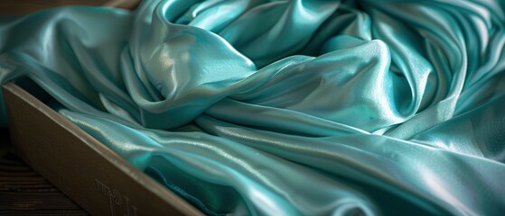 Soft, shimmering aqua silk fabric draped elegantly in a wooden box, showcasing luxurious texture and color