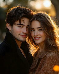Couple posing with sunset background, smiling at camera with warm lighting, hair highlights