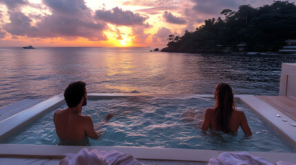 Couple relaxes in a hot tub overlooking the ocean at sunset
