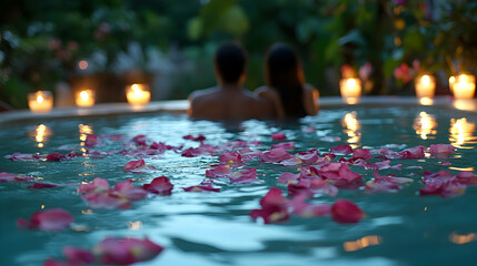 Couple relaxes in candlelit pool with flower petals