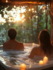 Couple relaxes in a hot tub surrounded by nature at sunset, lights and candles glowing