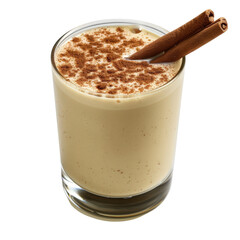 Creamy dessert beverage in a clear glass topped with cinnamon spice and sweet aroma