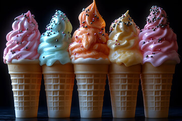 Colorful ice cream cones, sprinkles, five flavors
