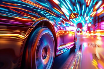 High-speed motion capture of a sleek car racing through a vibrant neon-lit tunnel at night