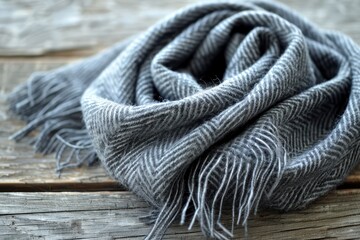 Cozy gray herringbone scarf elegantly draped on rustic wooden surface, perfect for autumn styling