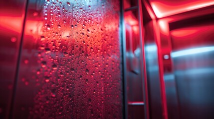 Close-up view of a wet elevator wall illuminated with red lighting, creating a moody atmosphere