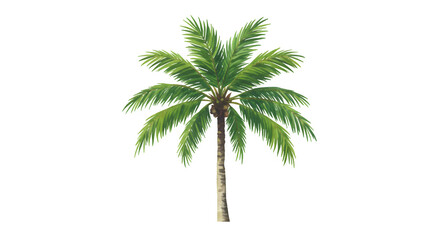 A vibrant watercolor painting depicts a single, tall palm tree against a transparent or white background, showcasing its lush green fronds and brown trunk.