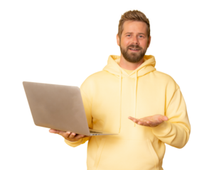 Portrait of a happy young man holding laptop computer isolated on transparent background. PNG transparent.