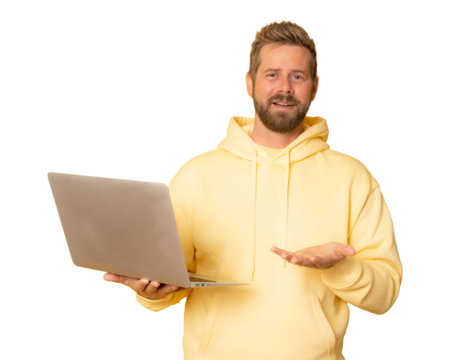Portrait of a happy young man holding laptop computer isolated on transparent background. PNG transparent.