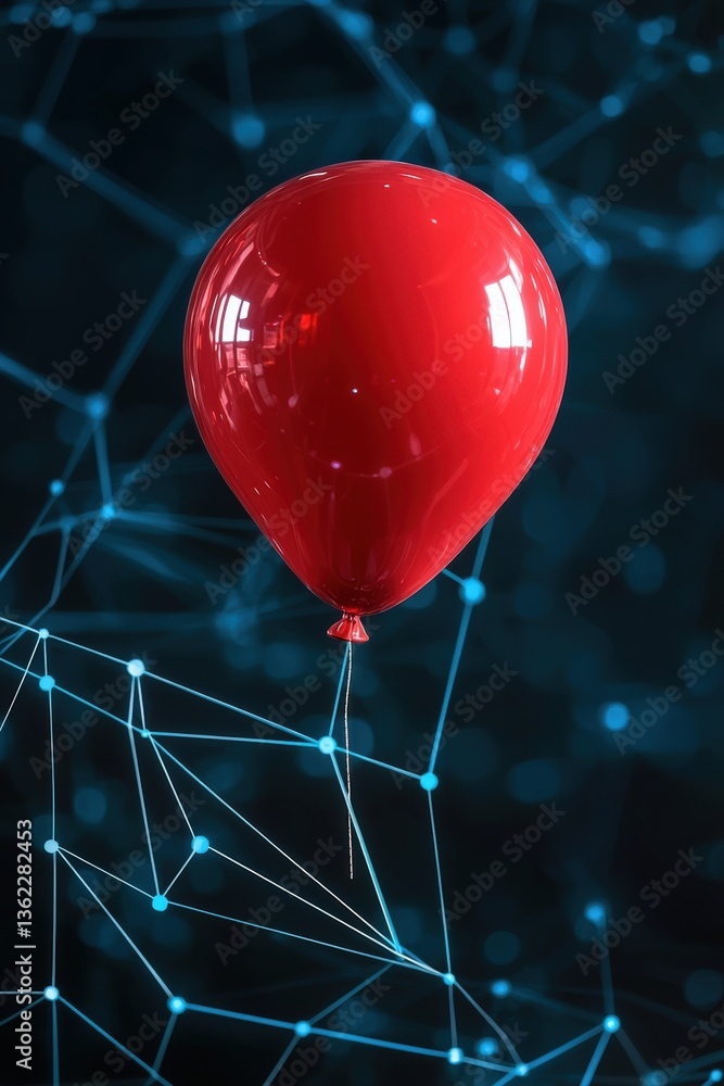 Poster red balloon symbolizing innovation above a 3d data network