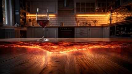 Glass of red wine on a unique wooden table with fiery resin inlay, kitchen background
