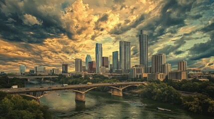 Fototapeta premium A photo of a bridge crossing a river, with a busy urban skyline and dramatic clouds above illustration