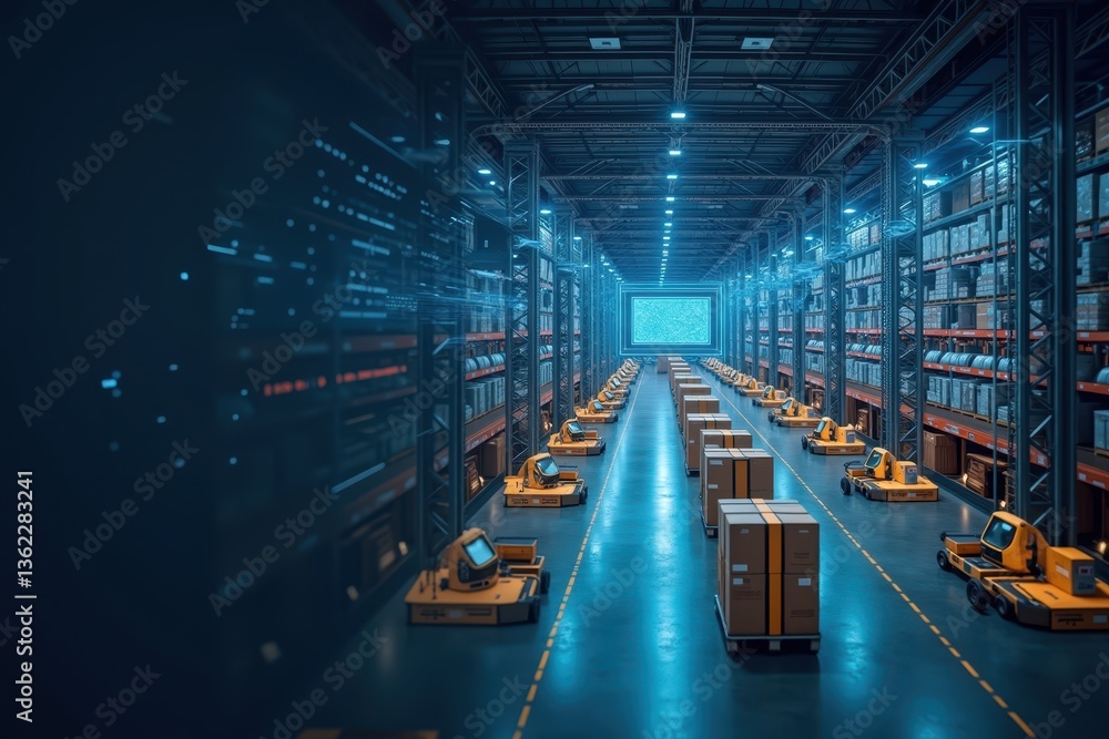 Poster advanced technology in warehouse with automated carts and shelves