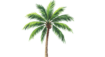 A vibrant watercolor painting depicts a single, tall palm tree against a transparent or white background, showcasing its lush green fronds and brown trunk.