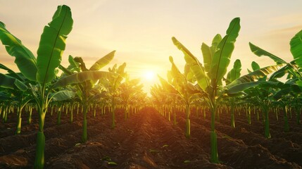 A vibrant banana plantation at sunset, showcasing lush green leaves and a warm glow in the sky, highlighting the beauty of agriculture.